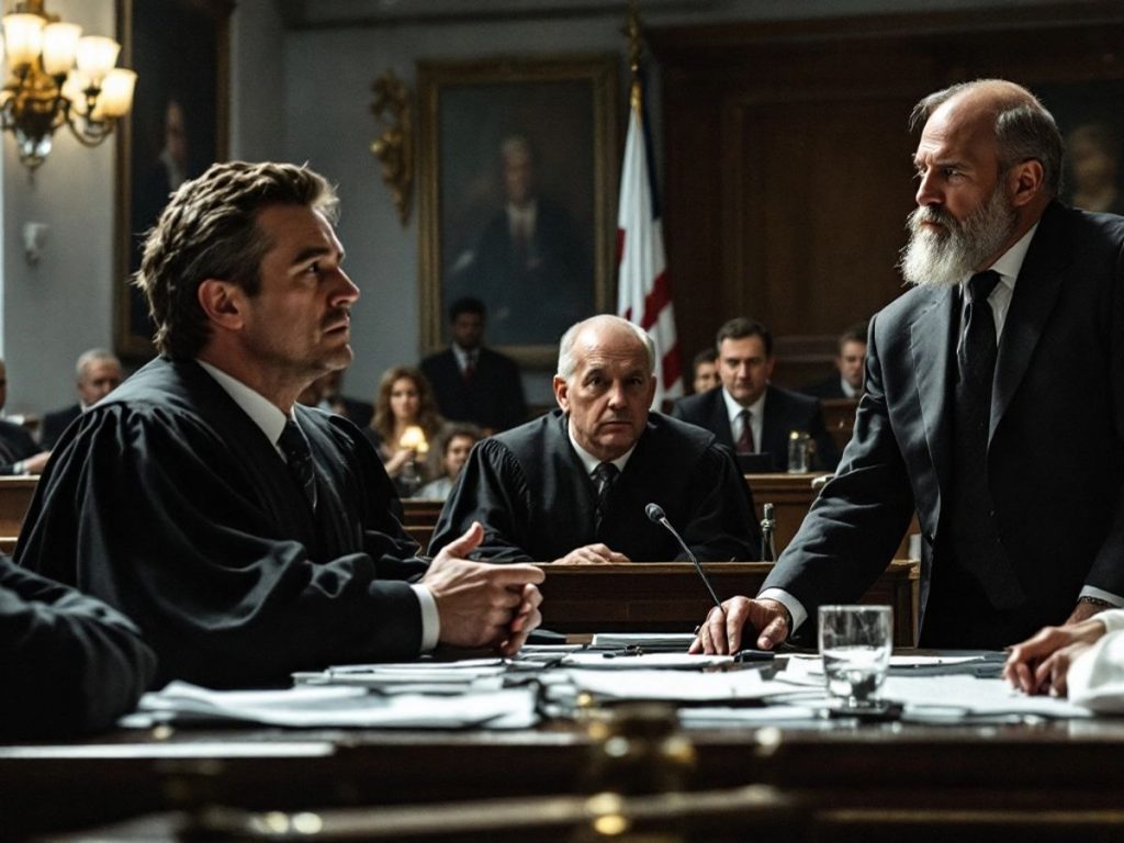 Scenă dintr-o sală de judecată cu avocați.