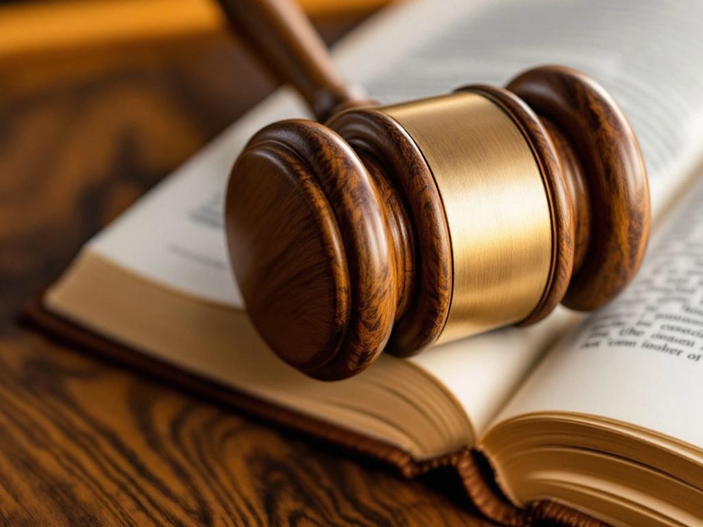Ciocan de judecător pe o carte de lege.