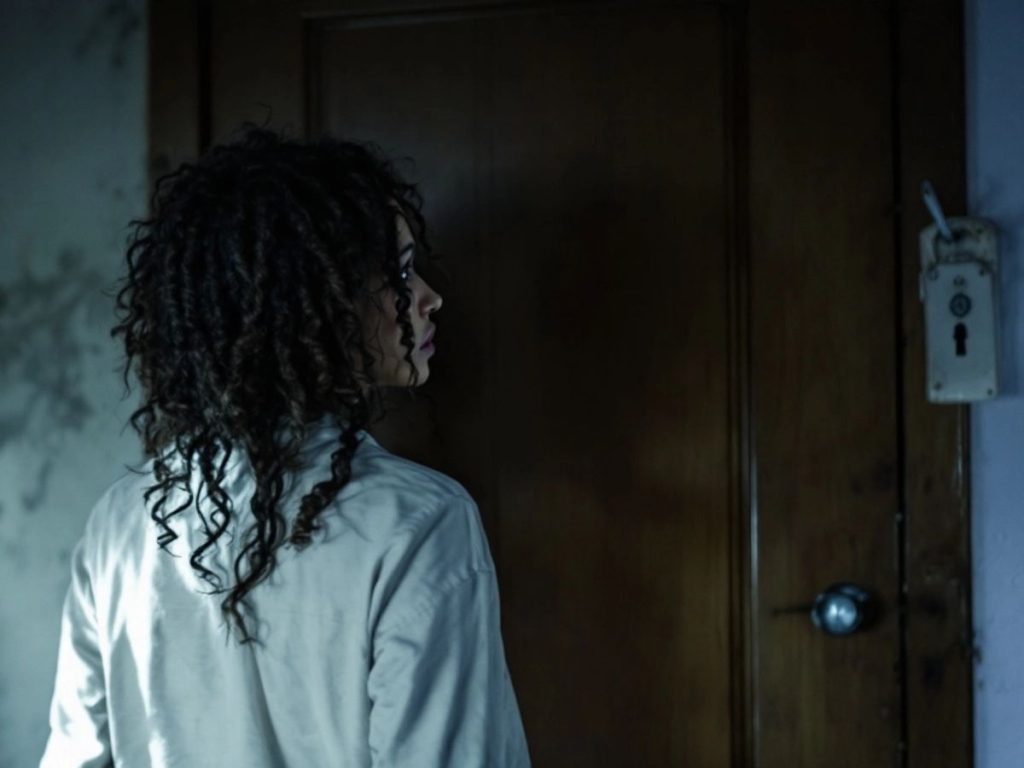 Persoană îngrijorată în fața unei uși închise.