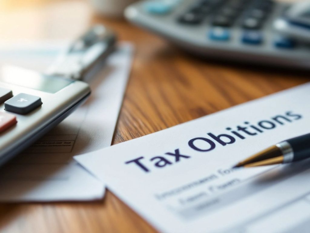 Calculator, formulare fiscale și pix pe birou.