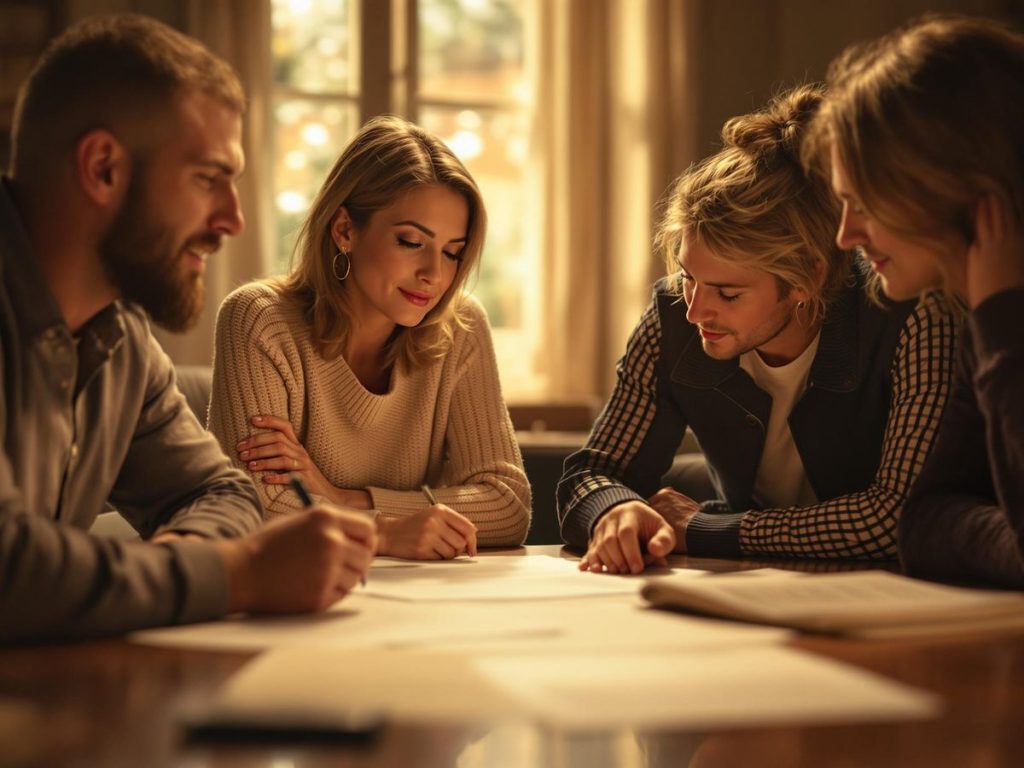 Familie discutând despre moștenire la o masă.