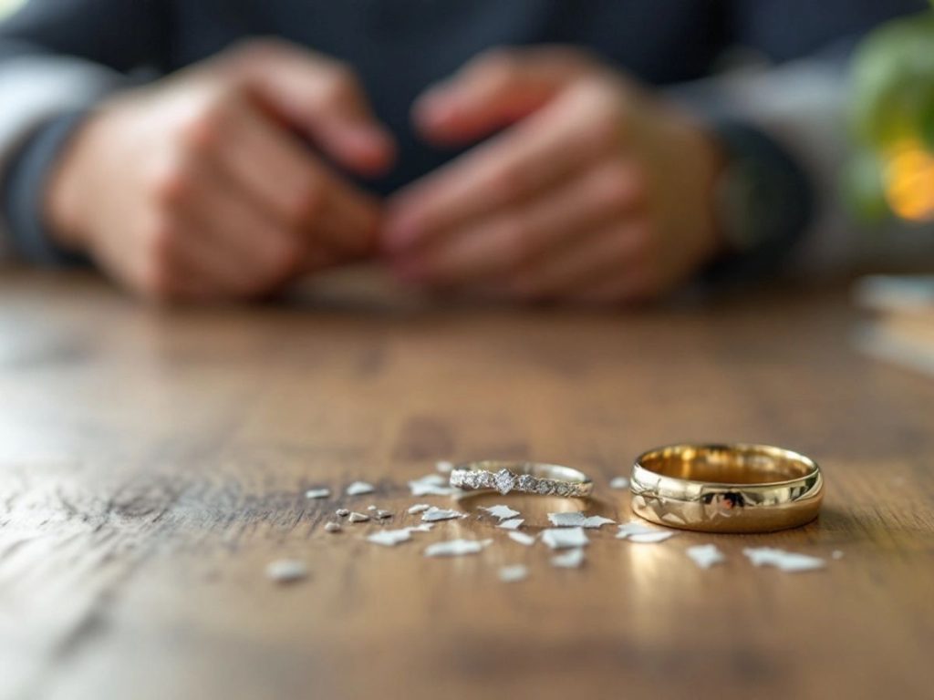 Inel de logodnă spart pe o masă de lemn.