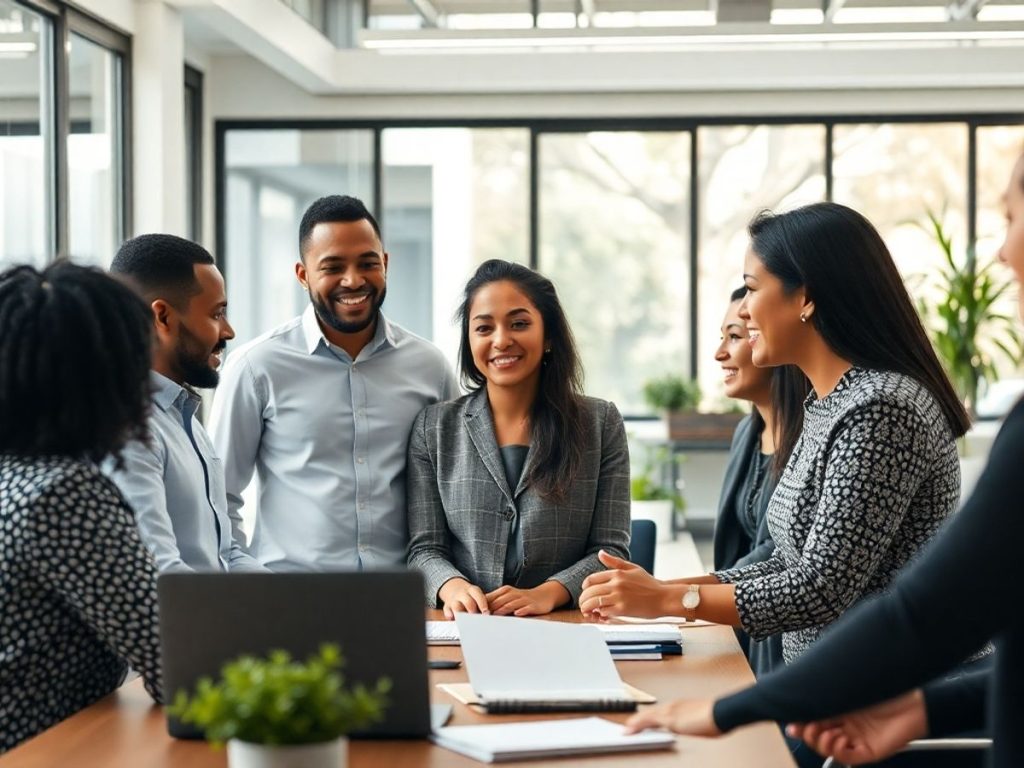 Grup divers de angajați colaborând într-un birou modern.