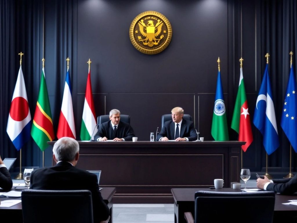 Judecătorie cu steaguri internaționale și avocați.