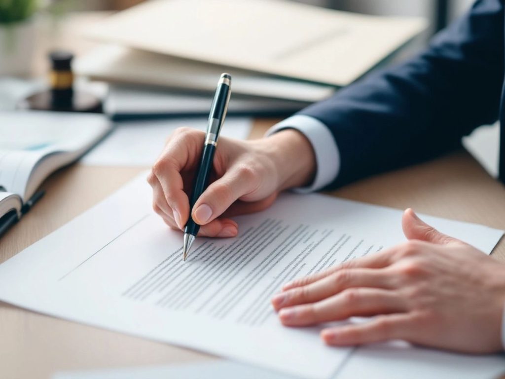 O persoană redactând un contract pe birou.