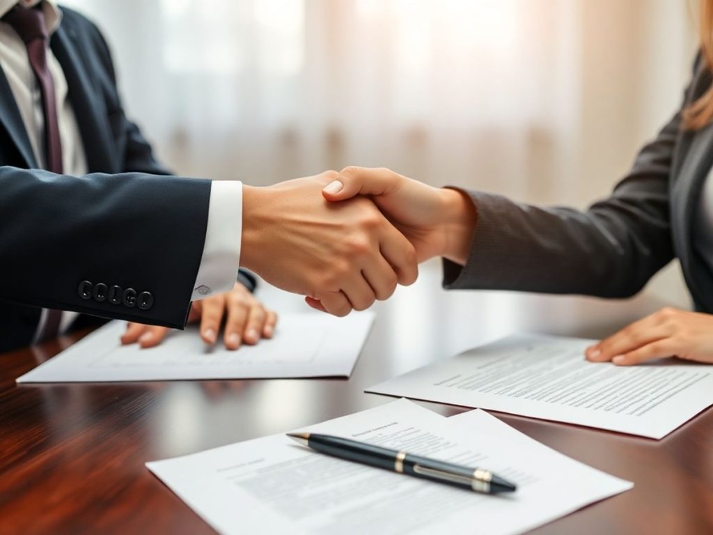 Două persoane își strâng mâinile pentru un contract.