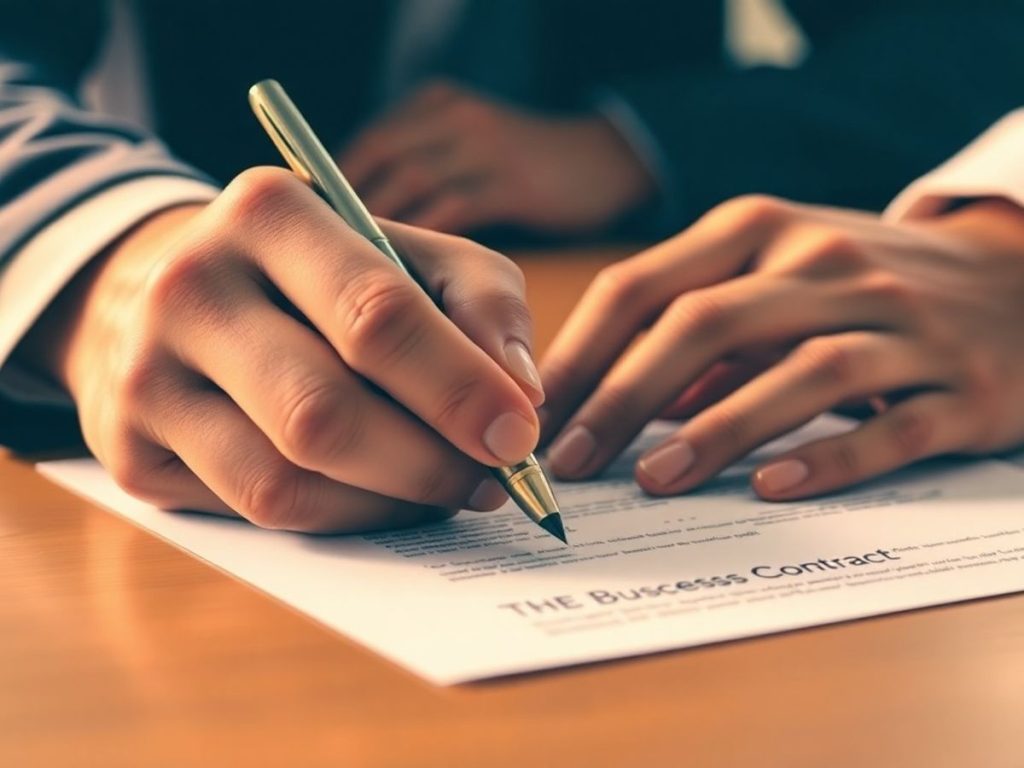 Mâini semnând un contract pe un birou din lemn.