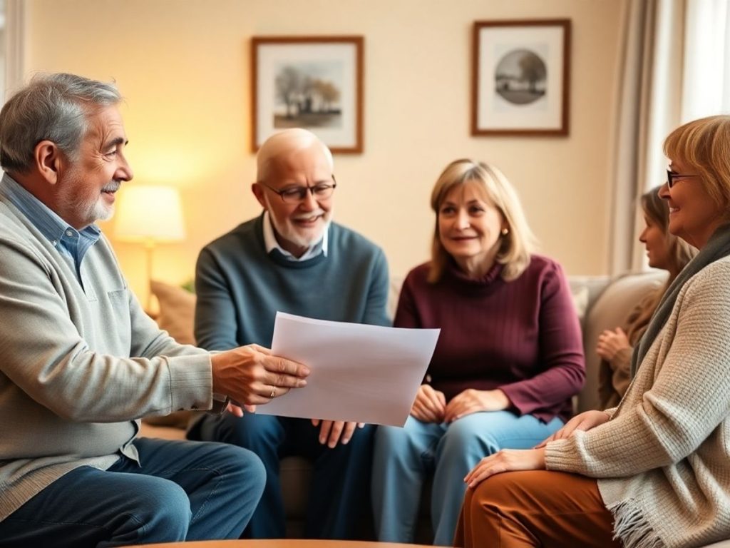 Întreaga familie discută despre moșteniri în living.