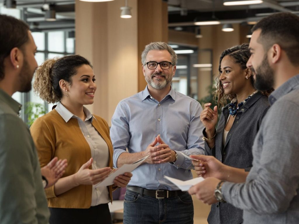 Grup divers de angajați discutând despre drepturile lor.