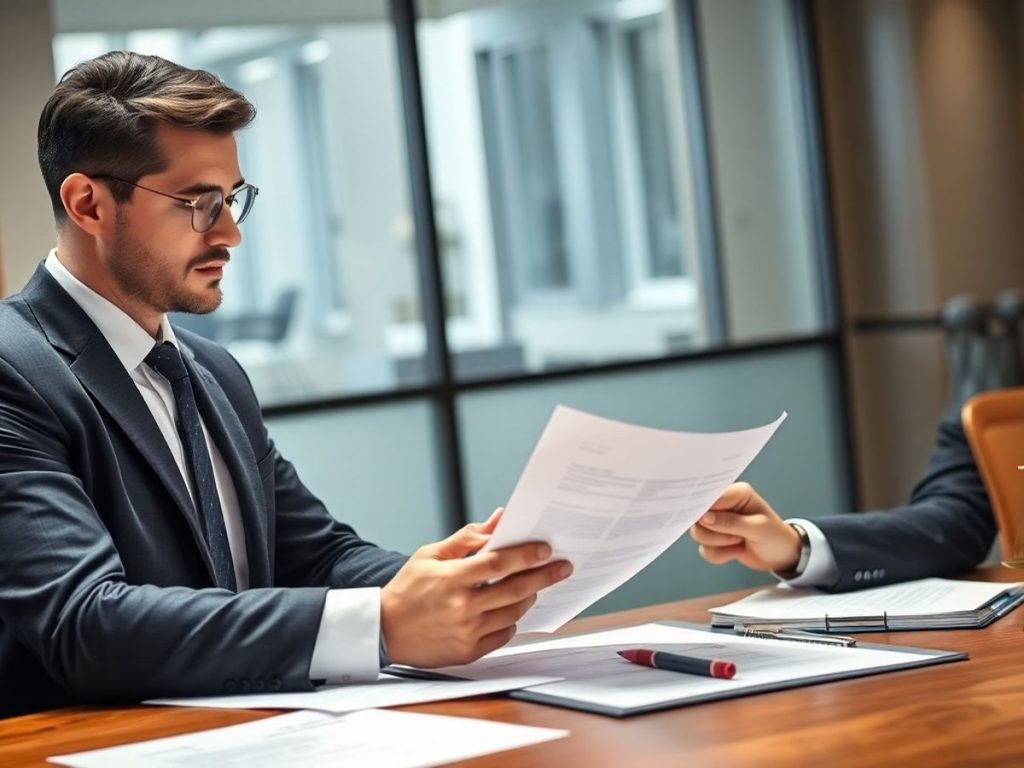 Avocat analizând un contract într-un birou modern.