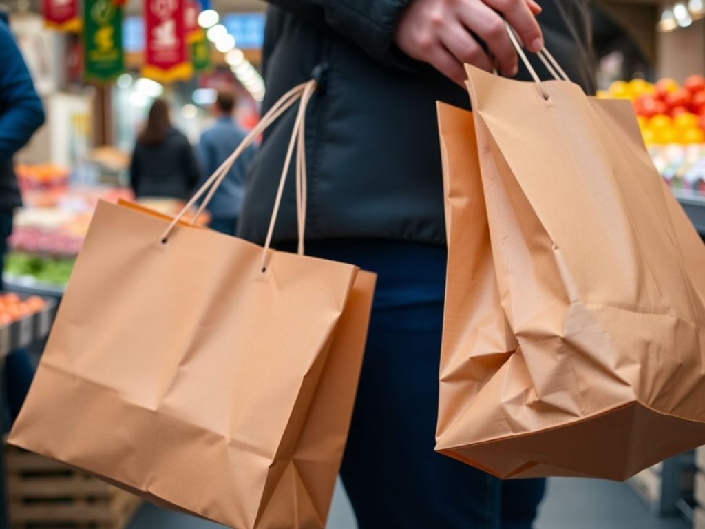 Consumator cu sacoșe într-o piață din România.