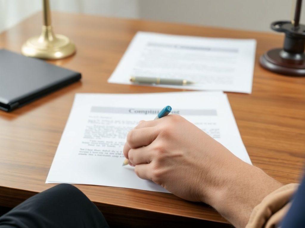 Scriind o plângere pe un birou de lemn.