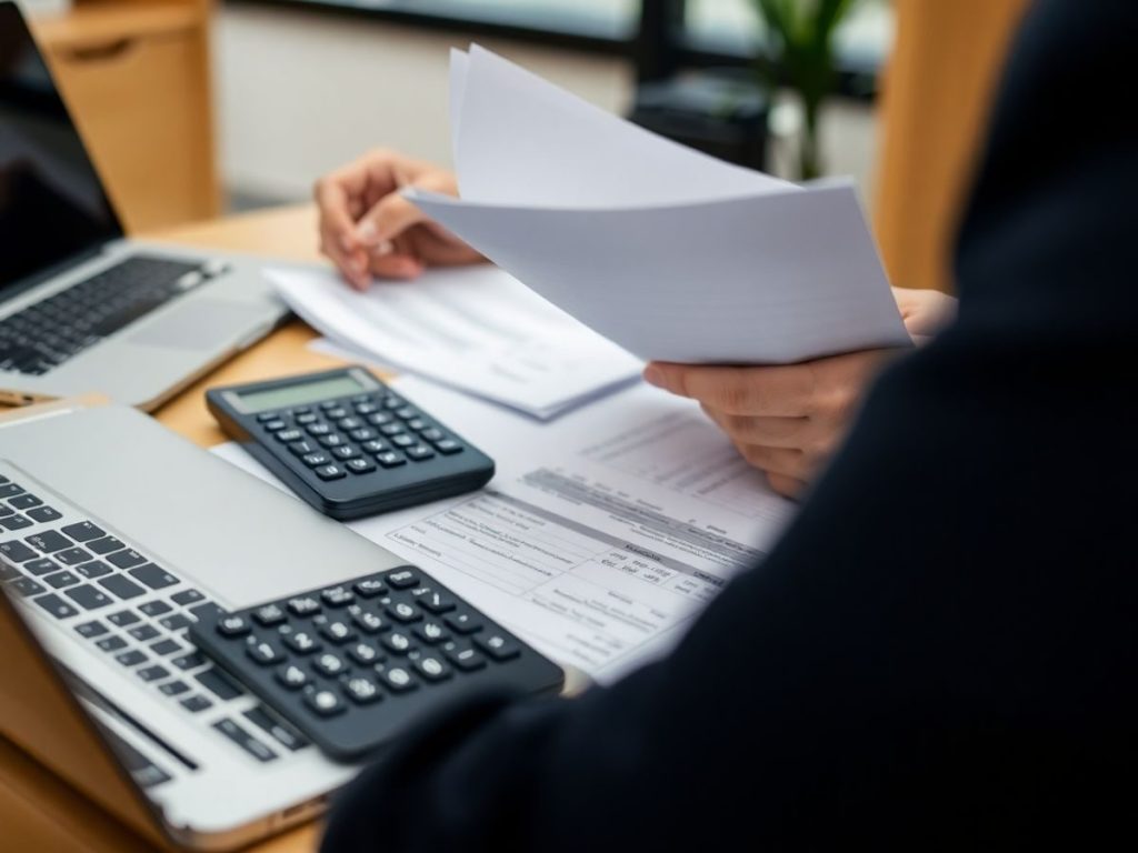 Profesional examinând documente financiare într-un birou.