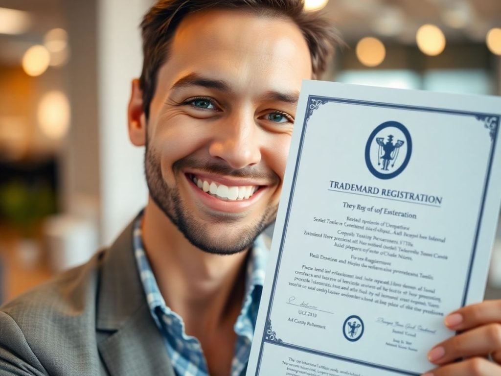 Persoană zâmbitoare cu certificat de marcă în mână.