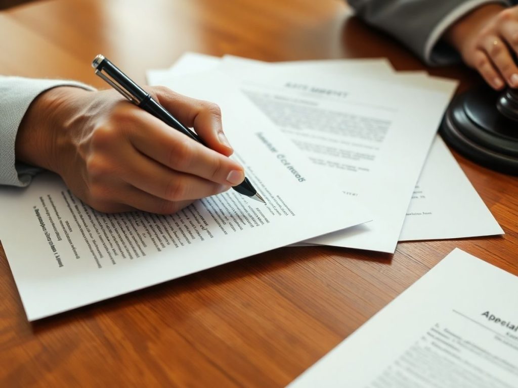 Mâini analizând documente legale pe un birou.