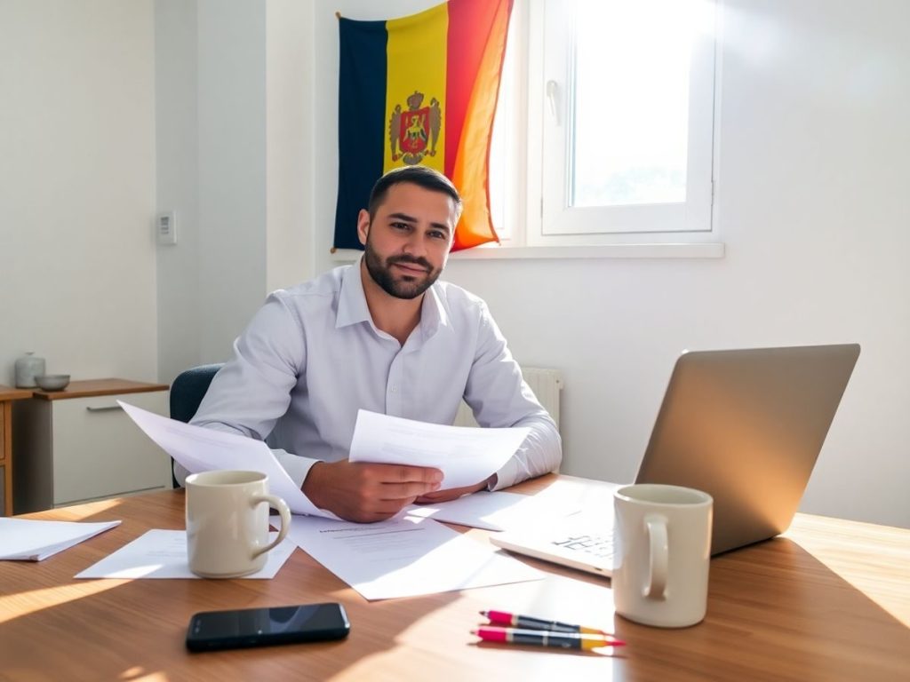 Persoană lucrând la birou cu laptop, documente, ceșcă, drapel românesc