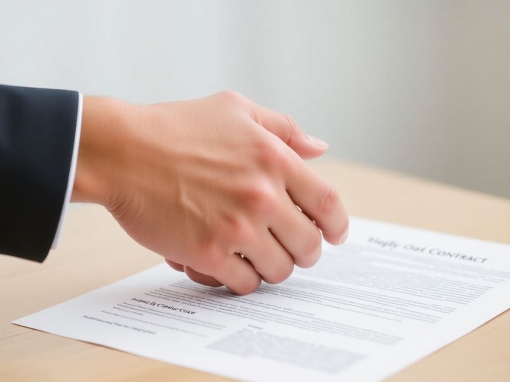 Mâini strângând ferm un contract de muncă.