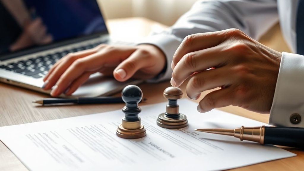 Persoană cu documente legale și ștampilă pe birou.